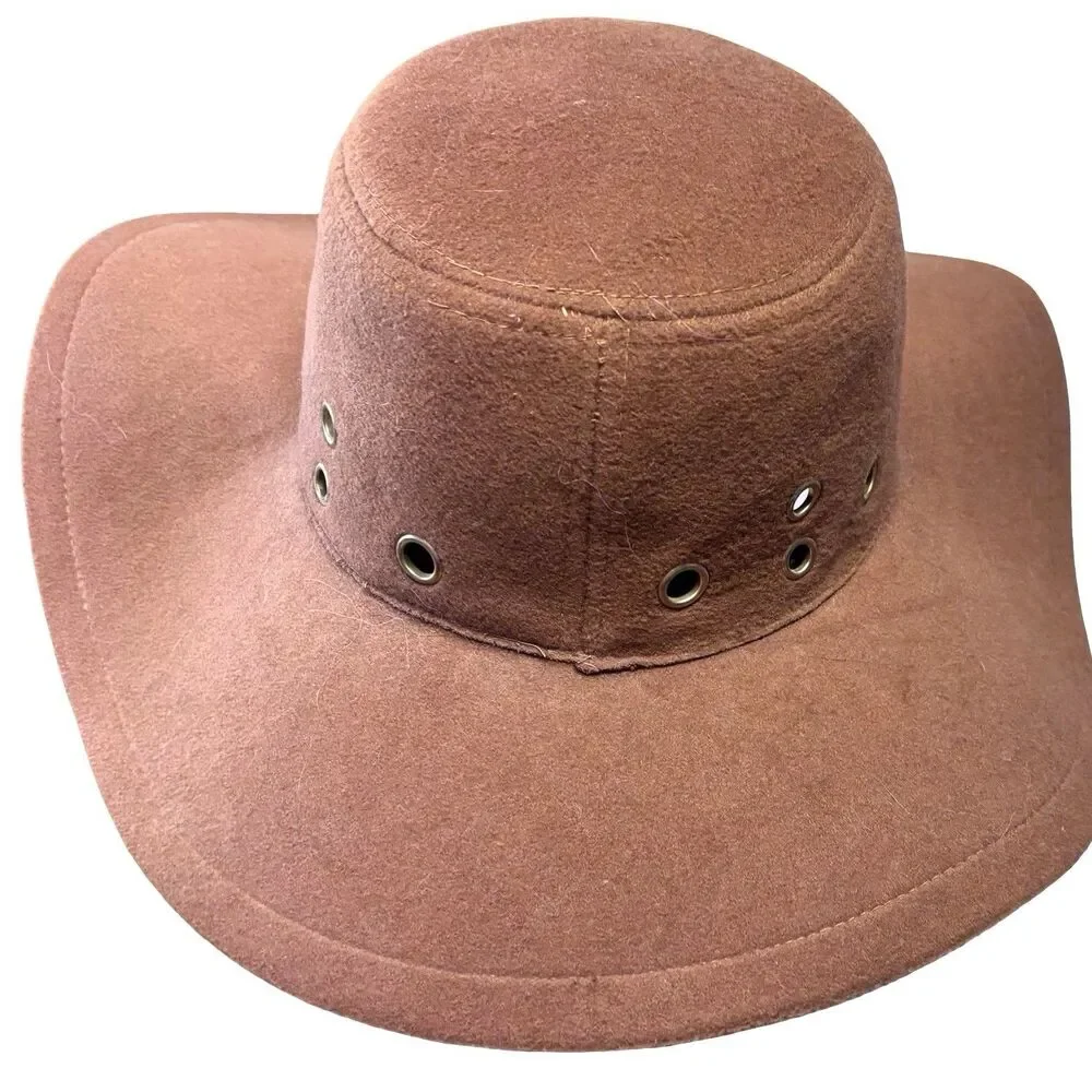 RUE 21 Tan Felt Fedora Hat with Grommets Wide Brim Billy Jack Boho Floppy